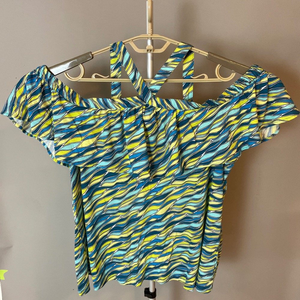 Michael Kors Off The Shoulder Ruffle Top Bright Limea Abstract Retail $88